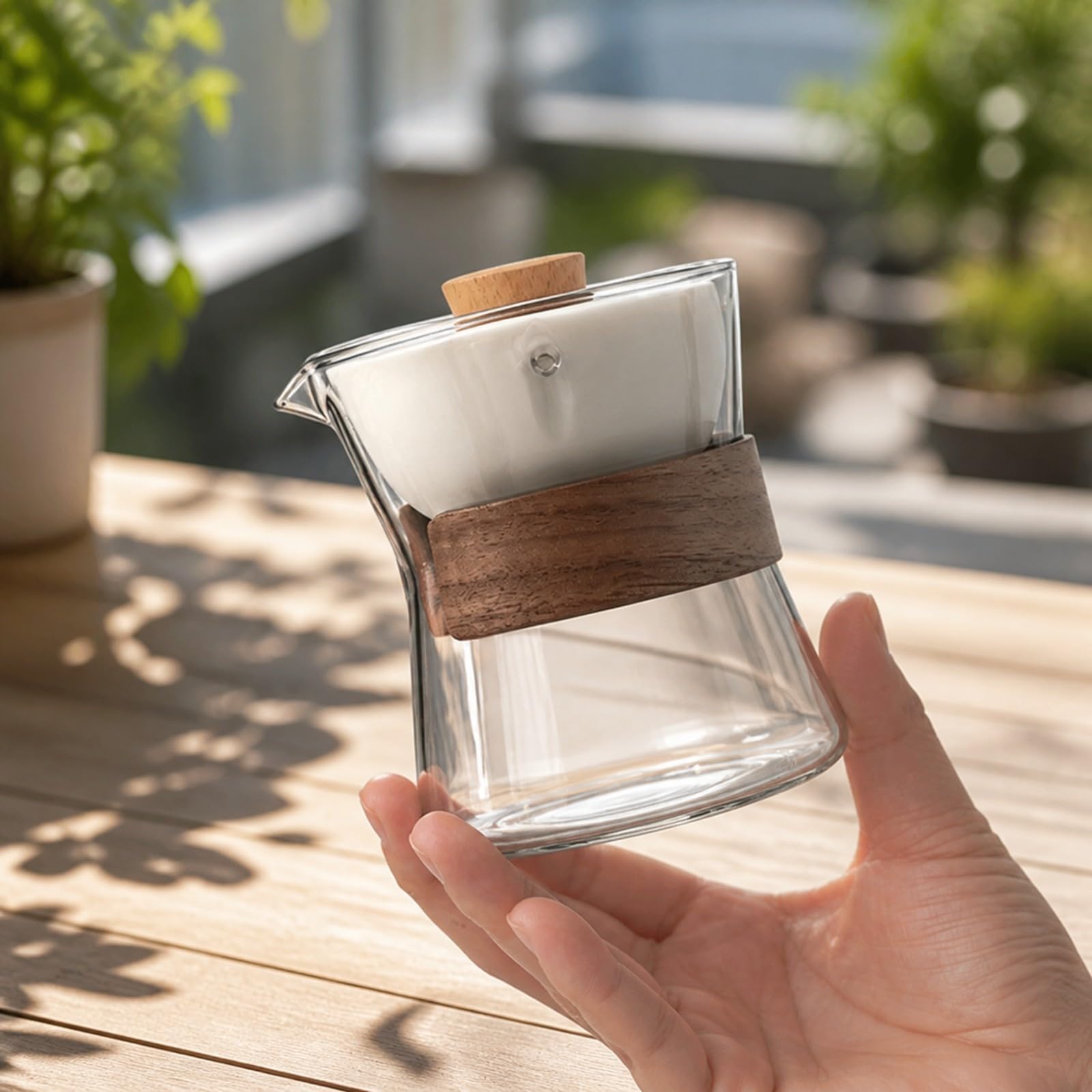 Teiera con Filtro Portatile Stoviglie, Trasparente, Trasparente Con Coperchio, Fascia Effetto Legno E Manico In Legno