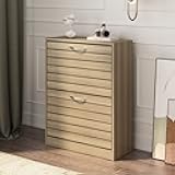 Hitow Shoe Storage Cabinet, Narrow Shoe Cabinet with 2 Drawers & Adjustable Shelf, Small Space Entryway Freestanding Shoe Rack with Shutter Doors, Natrual (22.4