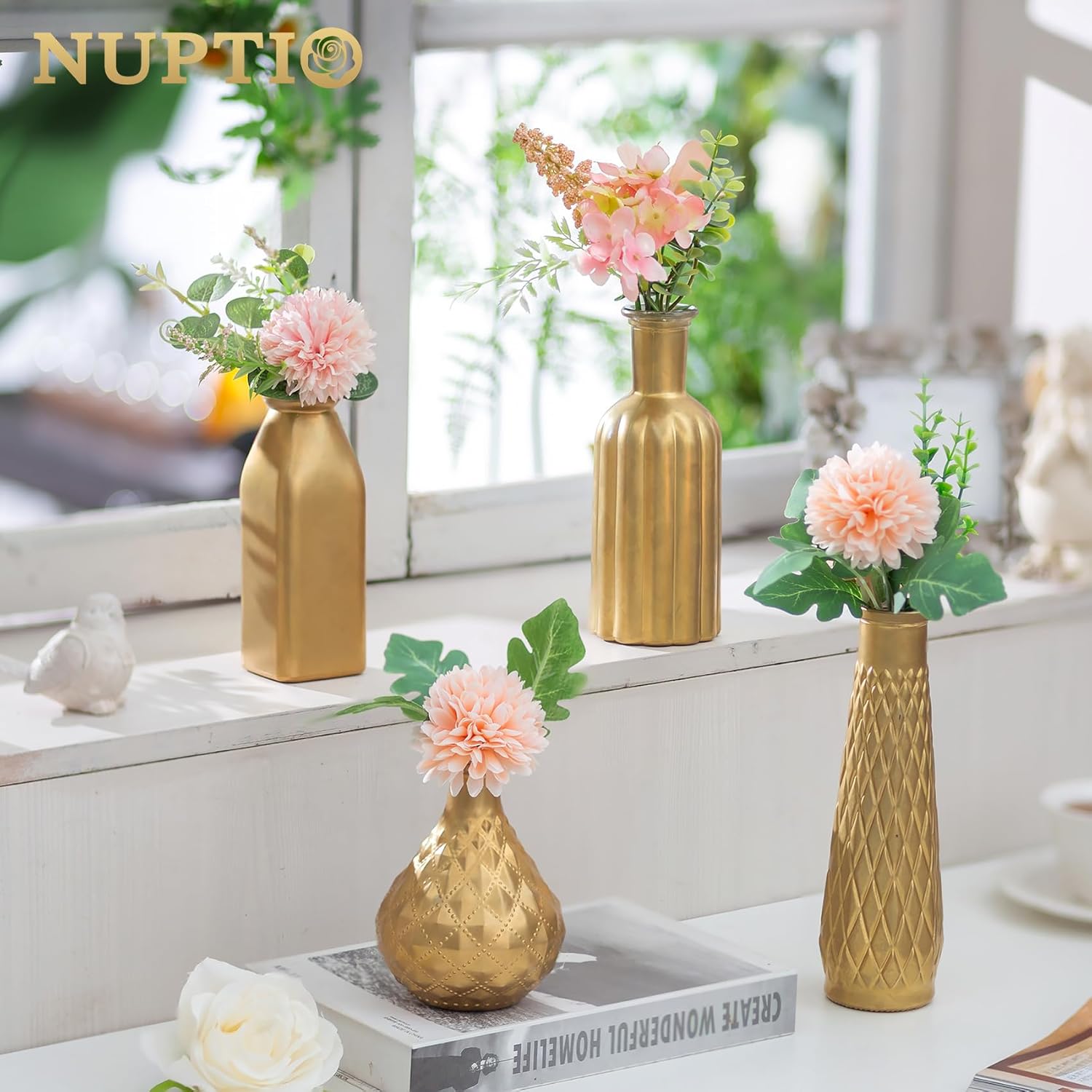 NUPTIO Gold Glass Flower Vase: Set of 8 Small Bud Vases for Flowers Bulk - Vintage Bottles for Wedding Centerpieces for Tables Decor Decorative Home Centerpiece Decorations