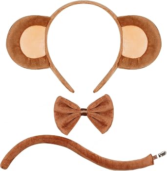 hoyuwak 3PCS Monkey Ears and Tail Accessory Set Monkey Ears Headband Tail Bow Costume Set for Women Men Halloween Cosplay Brown