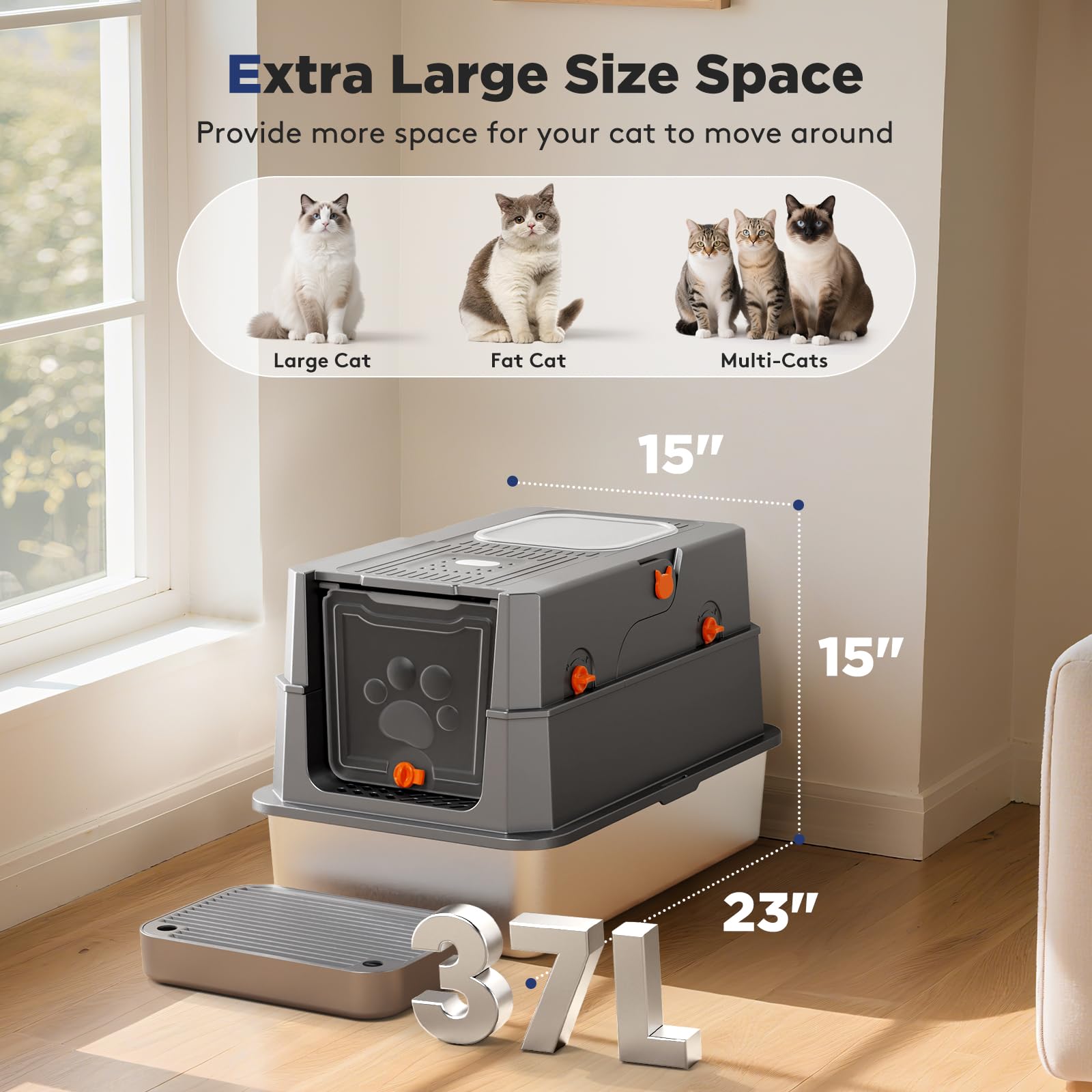 FURTIME Stainless Steel Litter Box with Lid, Large Enclosed Cat Litter Box for Big Cats, Metal Cat Box with High Sided Enclosure & Scoop, Front & Top Entry, Odor Free, Anti-Leakage, Grey
