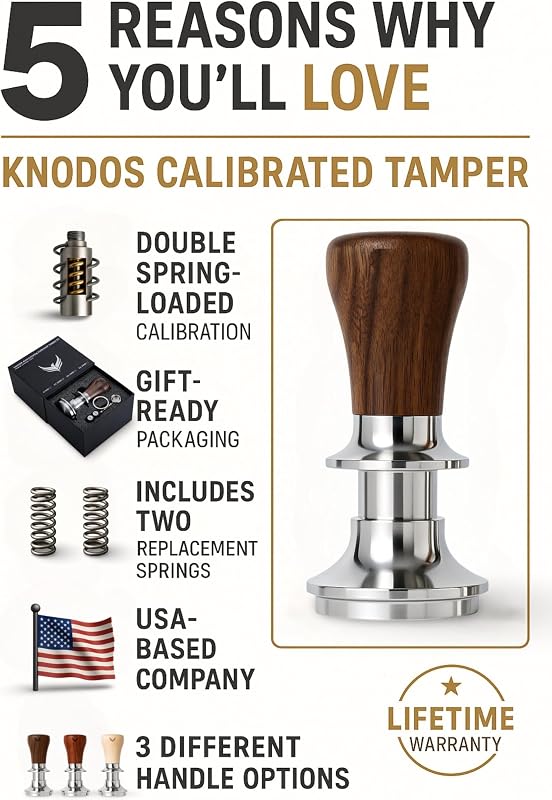 Tamper KNODOS de 58,5 mm cu mâner din lemn de nuc, cu autoreglare și design calibrat cu arc dublu pentru portafiltru de 58 mm