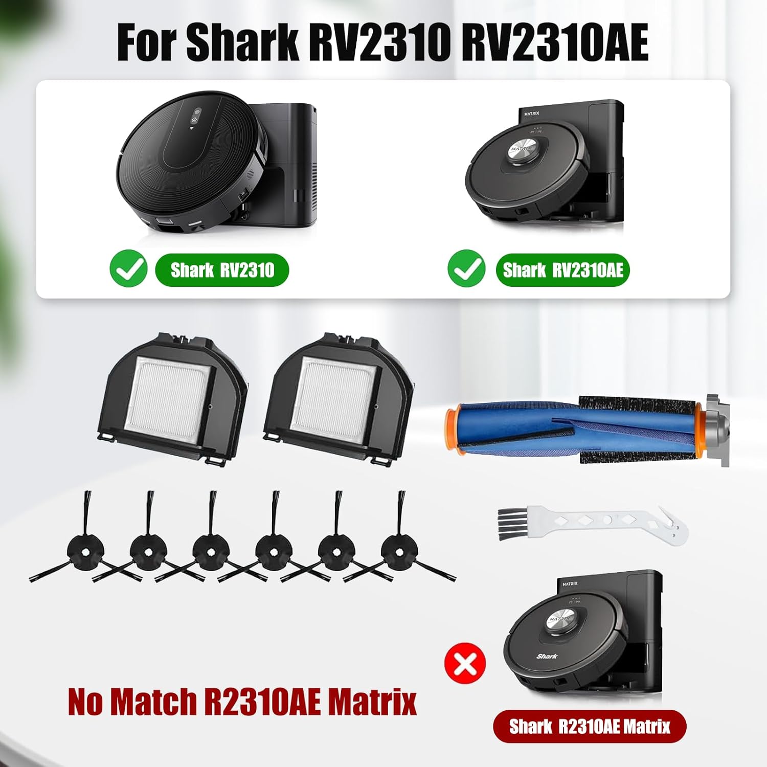 10 Pack Replacement Parts Set for Shark RV2310 RV2310AE Robot Vacuum Cleaner 1 Main Brush 2 HEPA Filters 6 Side Brushes 1 Cleaning Brush