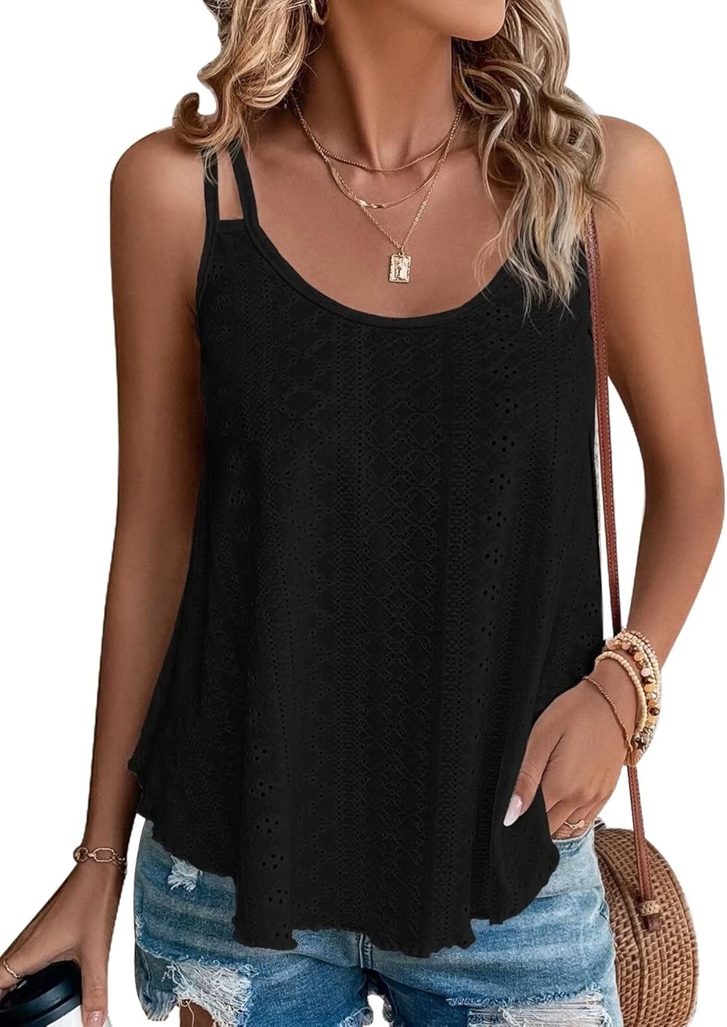 KKJ Womens Fashion Tank Tops Eyelet Embroidery Sleeveless Camisole Scoop Neck Loose Casual 2024 Summer Clothes Flowy Shirts