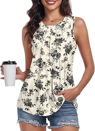 Syoss Women's Summer Tank Tops Pleated Round Neck Sleeveless