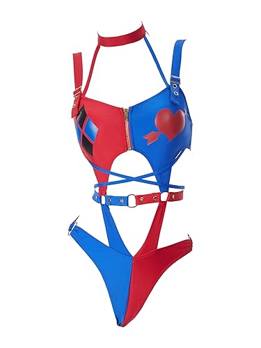 haikyuu Women Gothic One Piece Swimsuit Black Red Halter Cutout Swimwear Buckle Waist Hollow Cosplay Bathing Suit - X-Large - Red and Blue