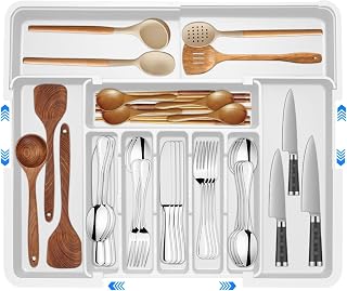 Cutlery Drawer Cutlery Insert with 9 Compartments, Large Adjustable Cutlery Insert for Knives Fork Spoon, for Storage Kitchen Cutlery, Drawer Storage, White