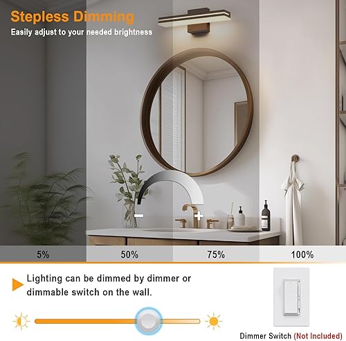 Miniatura 3 de SineRise Lámparas LED modernas para tocador de baño (16 pulgadas, 3000 K4000 K6000 K, regulables), pintadas en madera marrón, modernas lámparas de