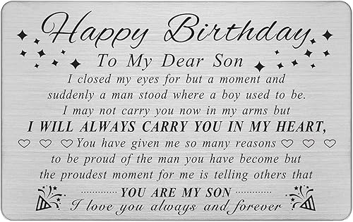 DEGASKEN Tarjeta de cumpleaños de hijo para adulto, ideas de regalos de feliz cumpleaños para hijo, única, tarjeta de cartera grabada de acero