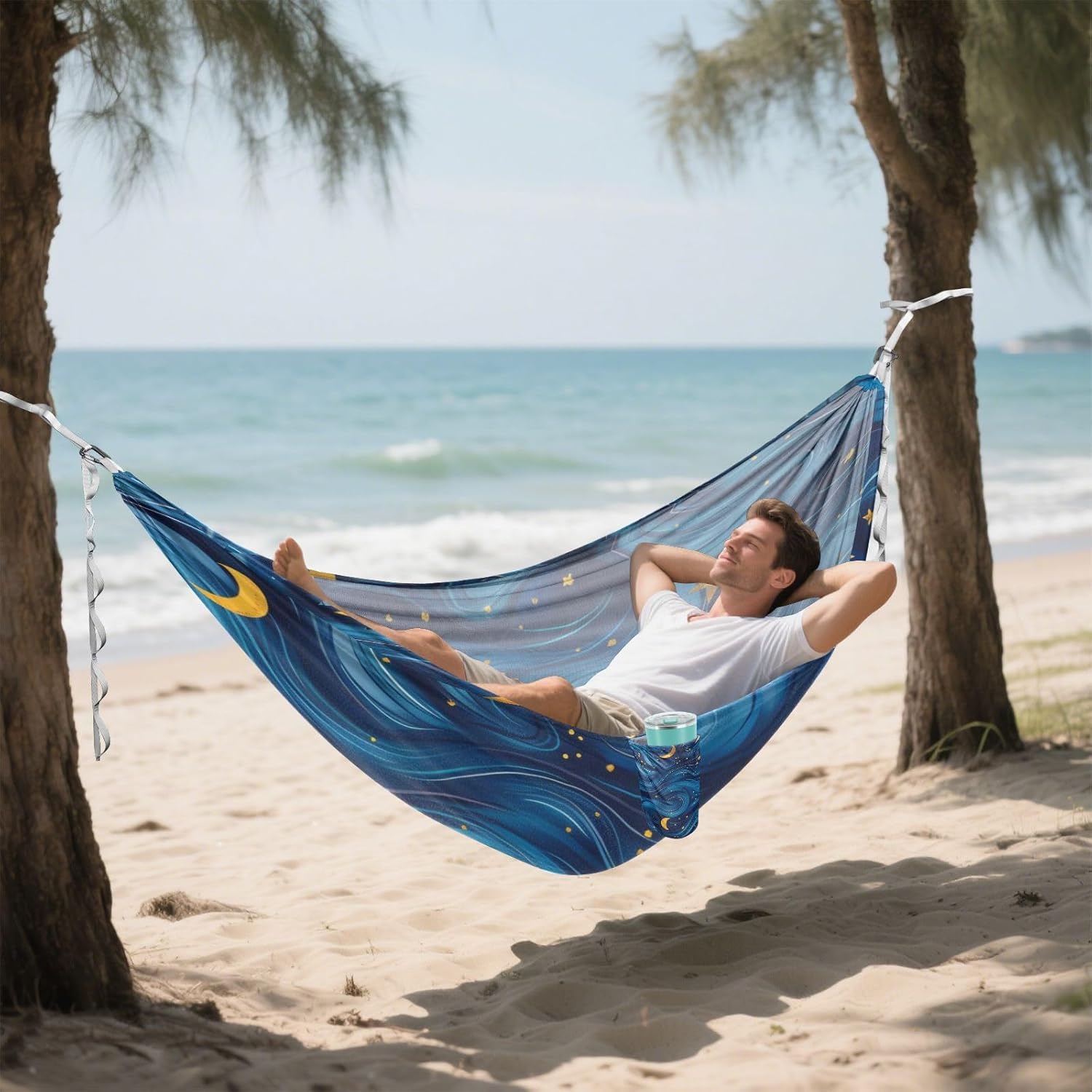 Blue Waves and Yellow Stars at Night Hammocks for Camping with Portabl Carry Bag Fabric Hammock for Outside Patio Garden