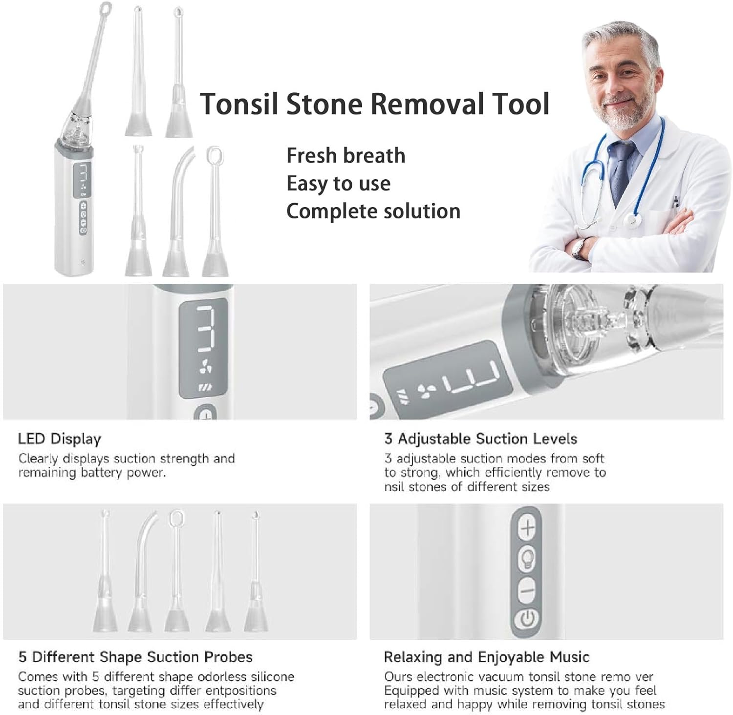 Reusable Tonsil Stone Removal Tool - Oral Irrigator Tongue Scraper Tonsillolith Remover Machine with 3 Levels Suction for Bad Breath Prevention(NASA9)