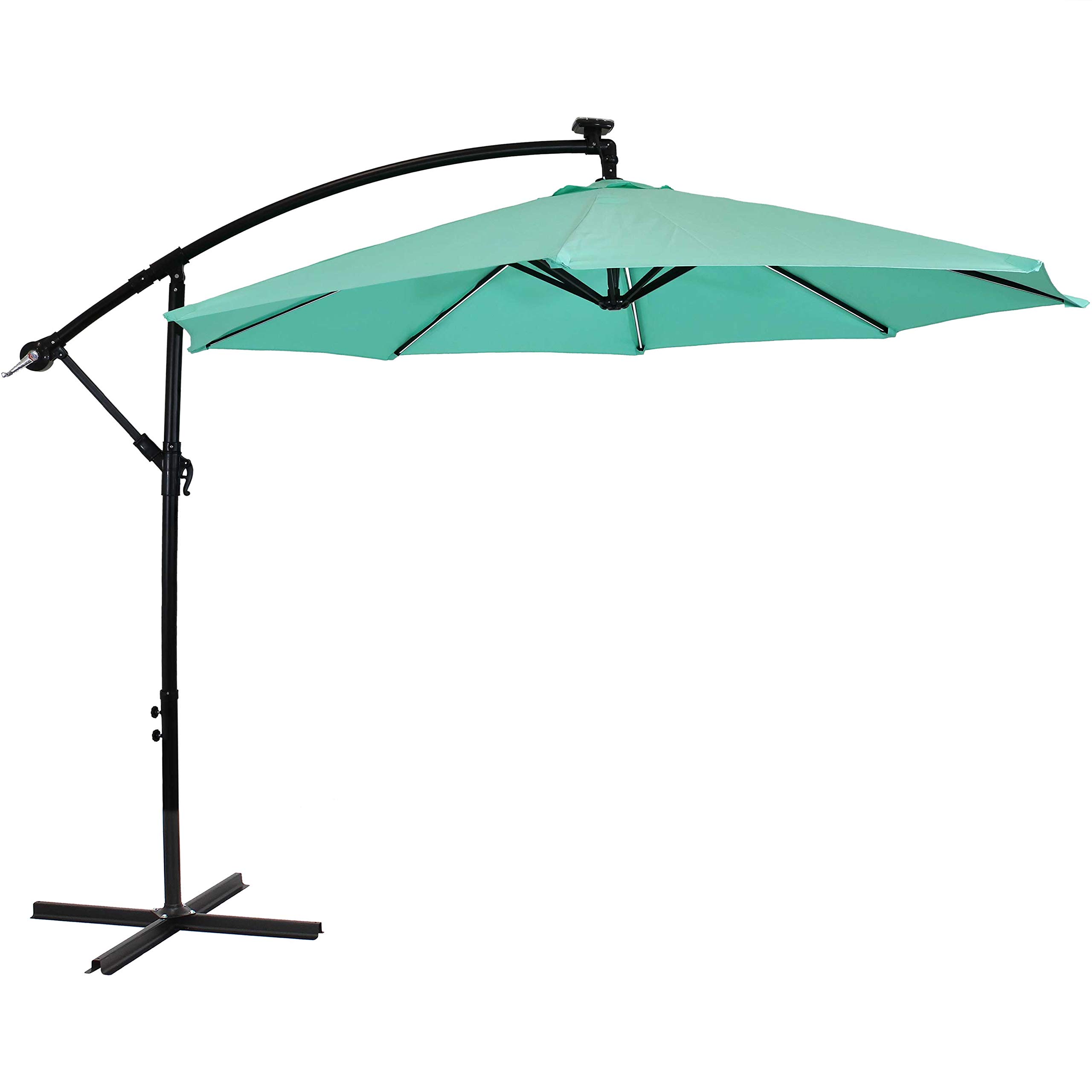Sunnydaze10-Foot Cantilever Umbrella with Solar LED Lights - Polyester Shade/Steel Pole - Air Vent and Cross Base - Seafoam