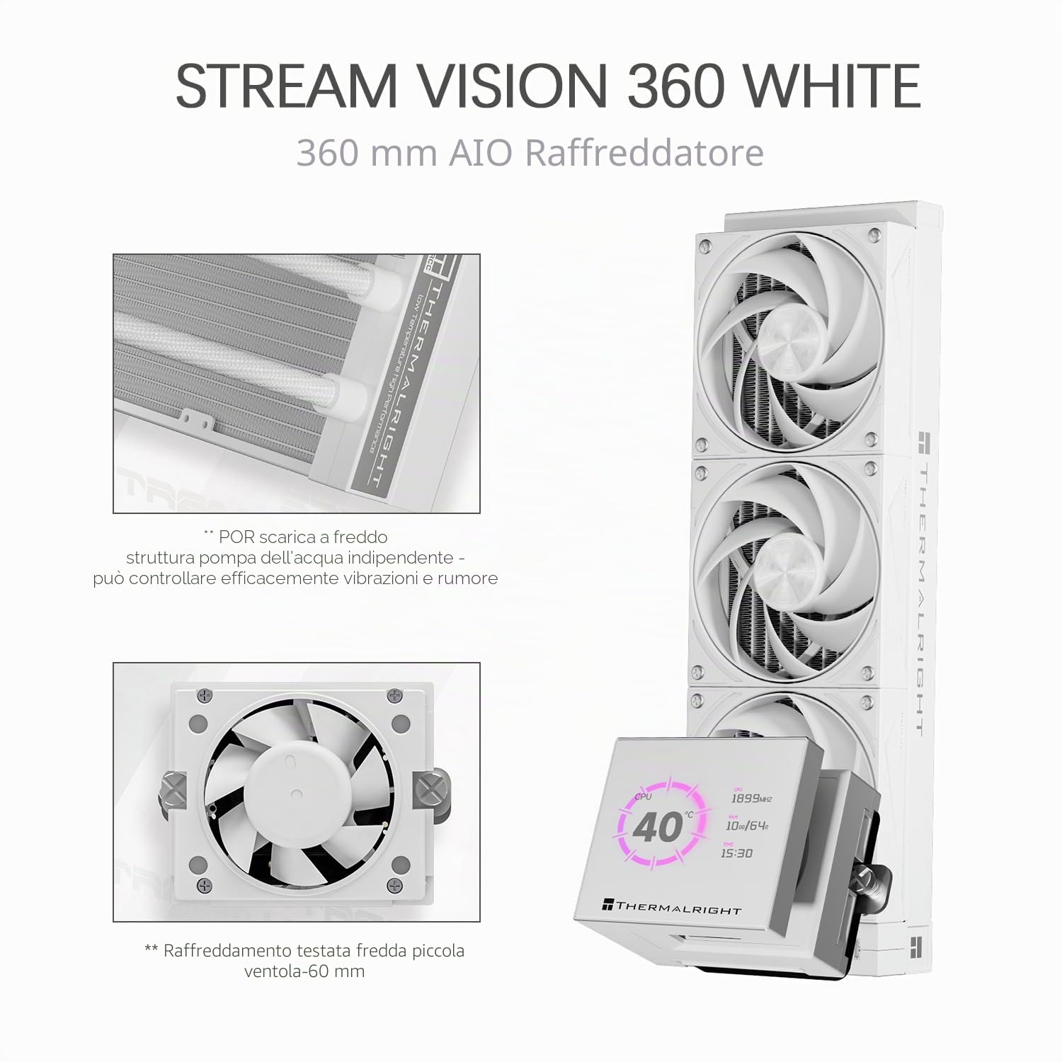 TR-Thermalright Stream Vision 360 Bianco Refrigeratore Liquido per CPU, Schermo LCD IPS da 3,5'' con Risoluzione 680x480 - Magnetico, Testa Fredda con Ventola Integrata, Refrigeratore da 360mm