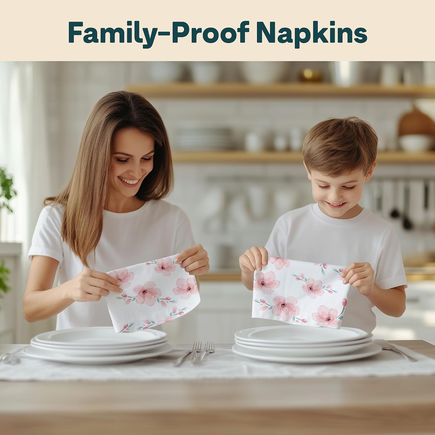 Floral Napkins | Made in USA | 18" x 18" Cloth Table Napkins | Absorbent, Washable, Reusable, Stain & Wrinkle Resistant | Spring Table Decor | Pink, Green, Cream | Cherry Blossom - 4pack