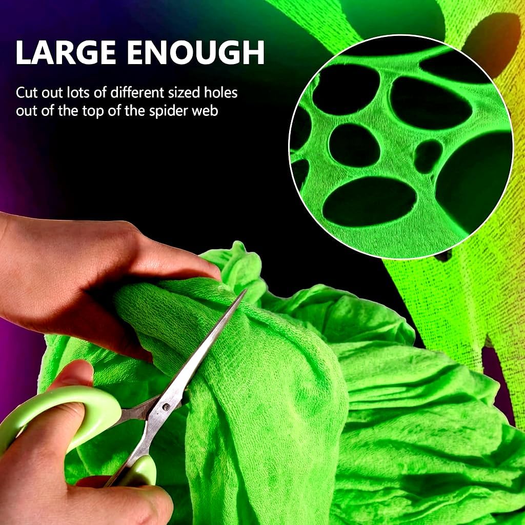 Glow in the dark 1300 Sqft 5 colors Uncut Giant Spider Web Cowebs Halloween Decorations Outdoor with 1 Black Light &10 Ground Nails Stretchy Beef Cloth Netting DIY Flexible for Yard Party Decor