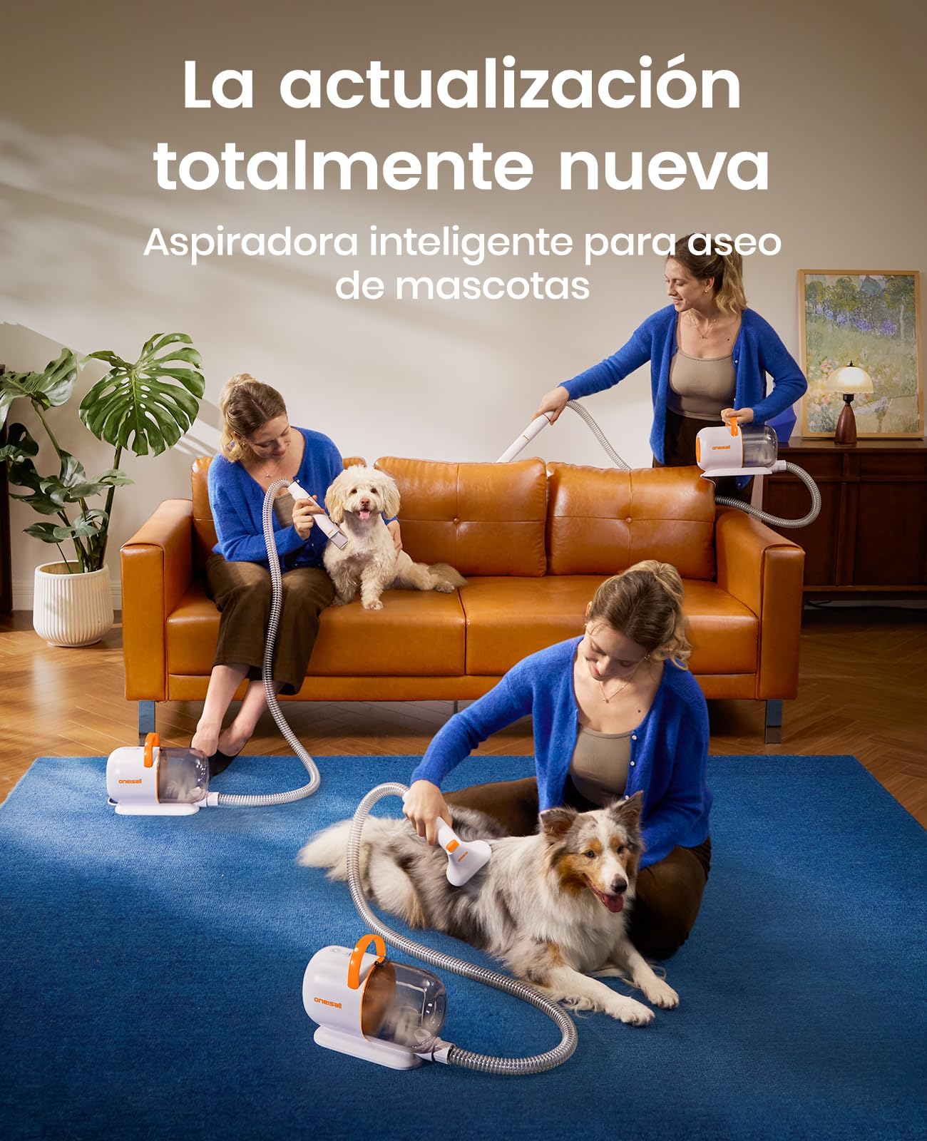 oneisall Cortapelos Perros con aspiradora de pelo, 15000Pa máquina de corte silenciosa para perros y gatos y otras 6 herramientas de aseo, Aspira el 99% del pelo de las mascotas