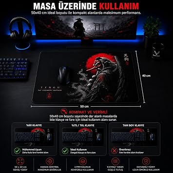 50x40 cm Oyuncu Mouse Pad, Kırmızı, Kaymaz Taban, Dikişli Kenar, Baskılı Tasarım Tengu