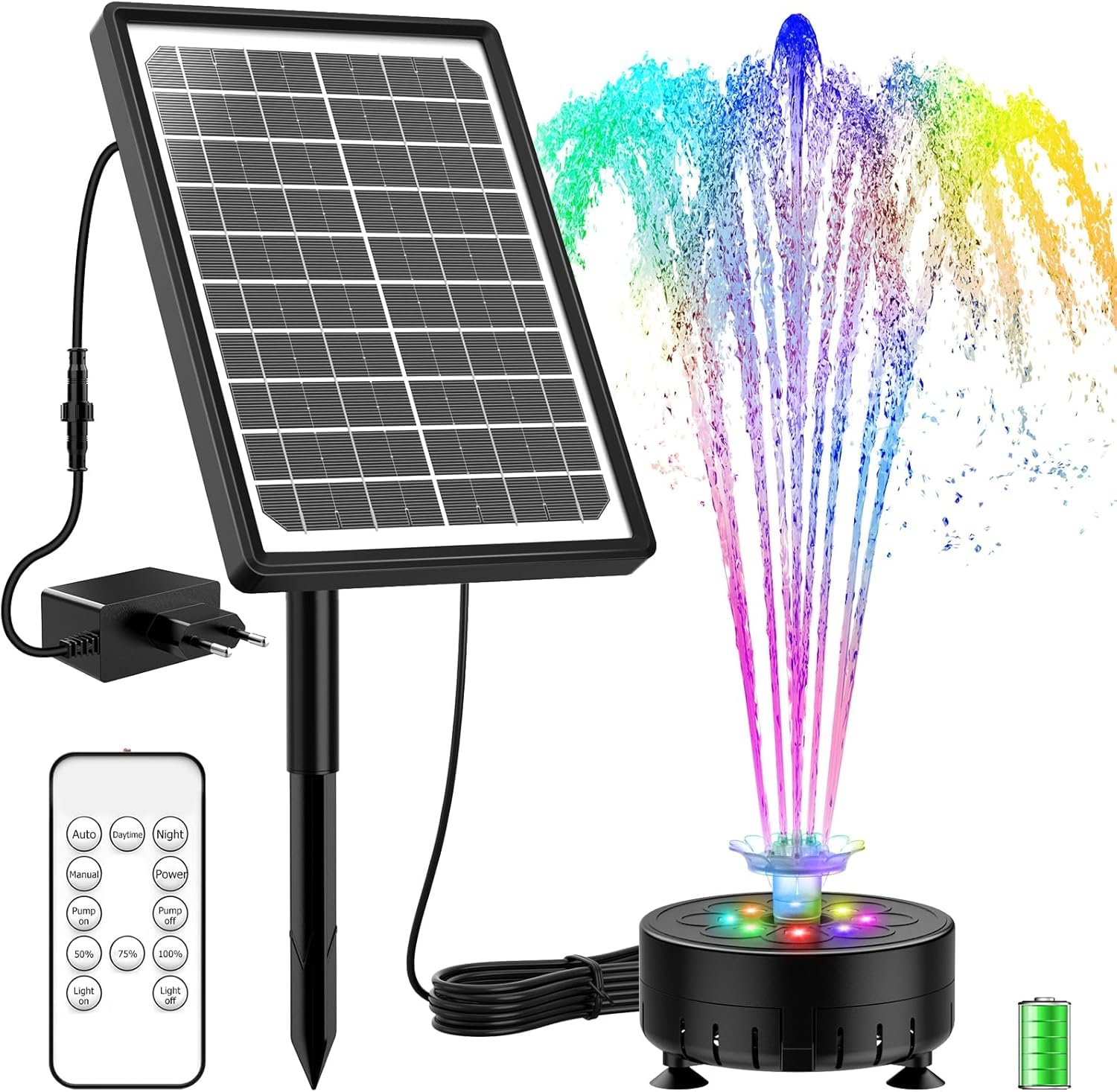 10W LED Fontana Solare per esterni, Pompa Solare per Laghetto fai da | Fontana Solare con Telecomando, pali e Batteria, 21 Effetti, Pompa Solare per Giardino, Abbeveratoio per Uccelli