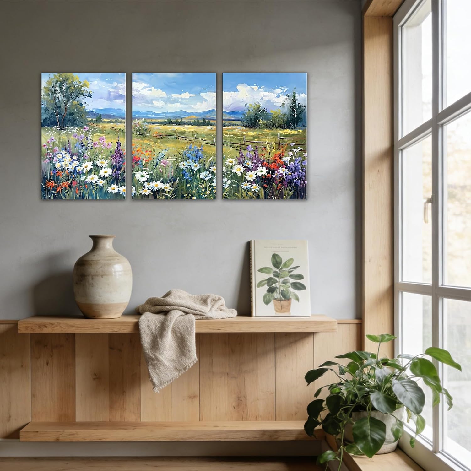 GLOKAKA 3Pcs Colorful Flowre Canvas Wall Art Daisy Wildflower Field Picture Print Natural Landscape Paintings for Living Room Bedroom Dining Room Wall Decor(Artwork-2,24"x36"x3pcs)