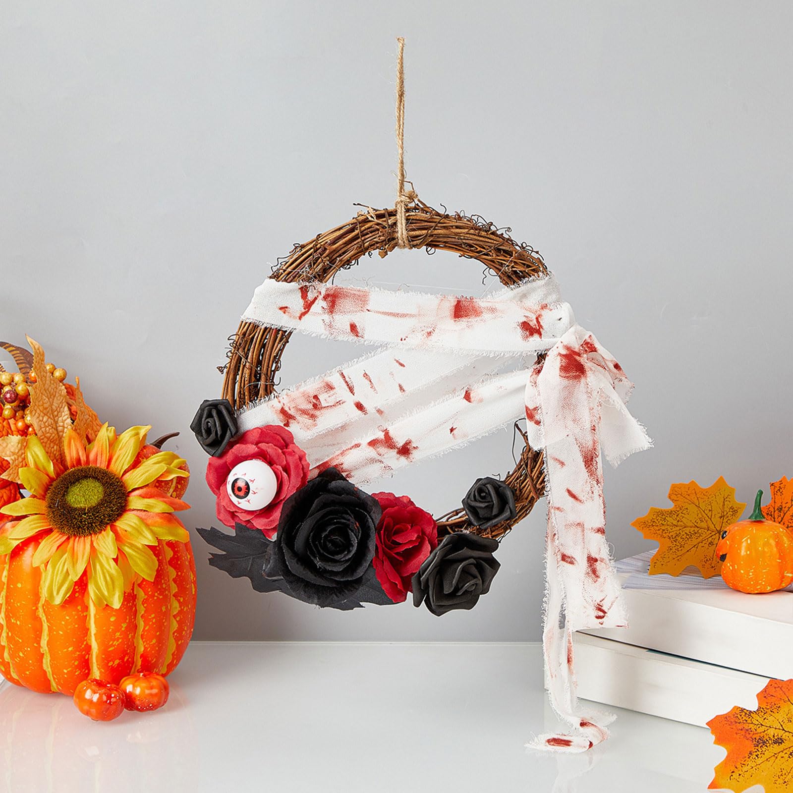 Ghirlanda di zucche bianche in stile autunnale, decorazione per porte e cortili, fiori appassiti e cerchi di vite, da appendere alla porta, estive, per esterni (rosa, 40 x 40 cm