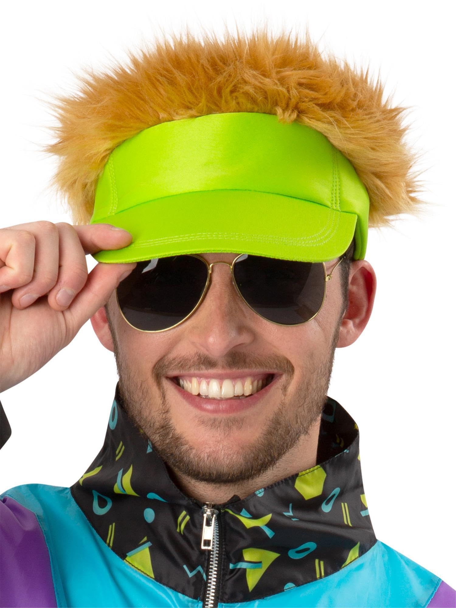 Smiffys 80s Neon Green Visor Hat with Dark Blonde Hair, 1980's Fancy Dress, 1980s Dress Up Hats
