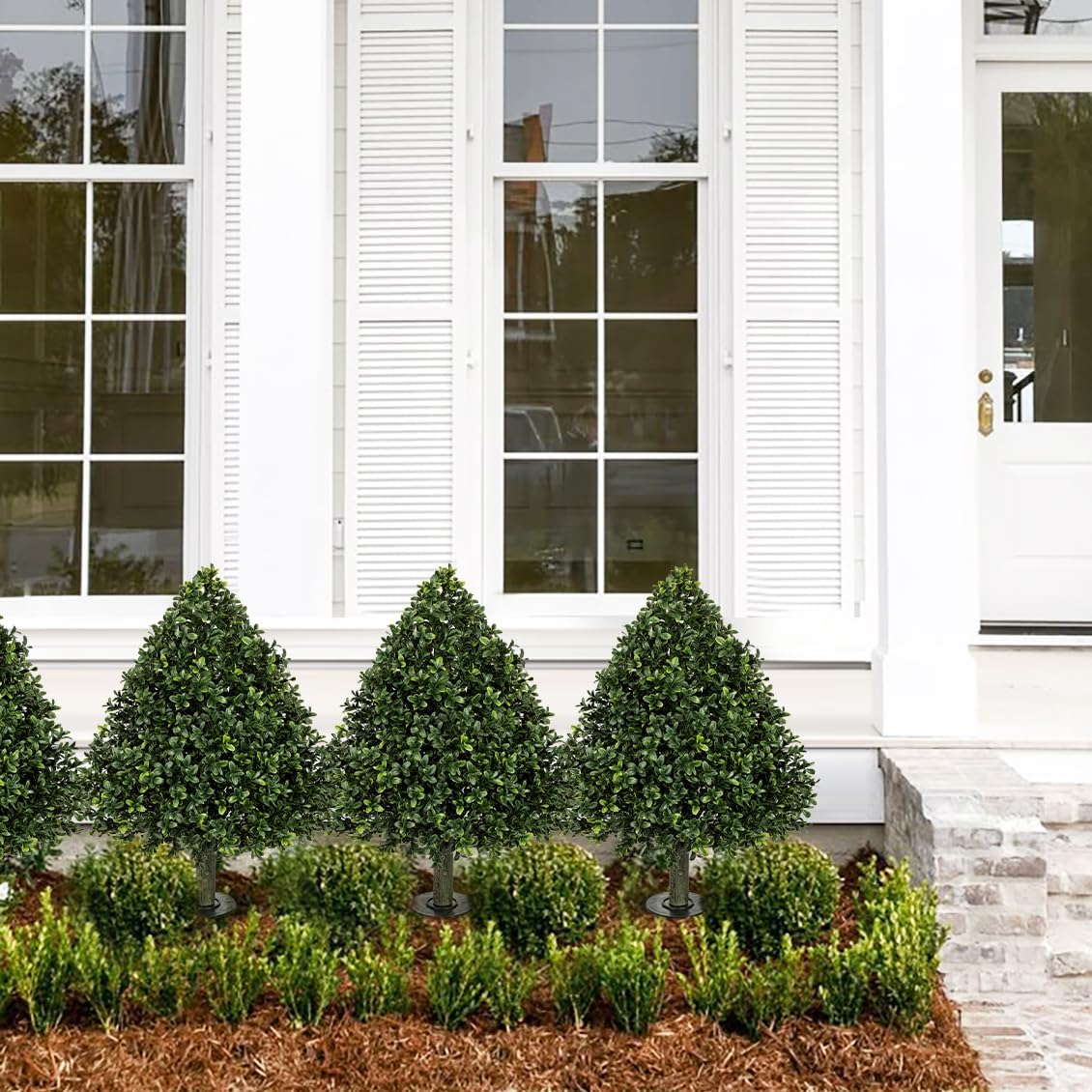 Briful Faux Boxwood Topiary Shrub with Ground Spike, 29.5" Artificial Topiary Trees Outdoors Fake Potted Boxwood Plants for Front Porch Garden Yard Home Decor