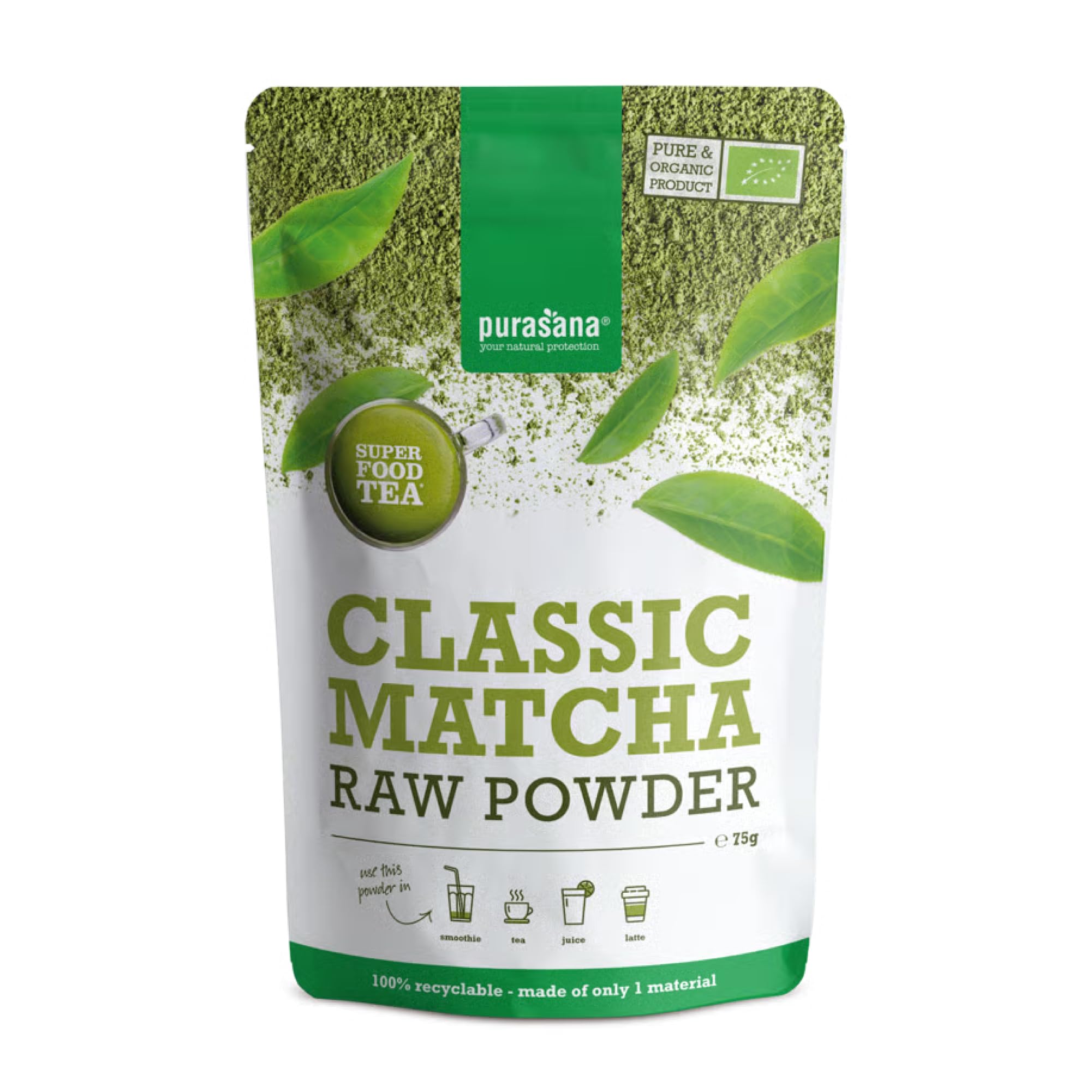 Purasana Organic Matcha Classic Powder 75g, Raw, Stone-Ground Green Tea, Rich in Antioxidants & Nutrients, Perfect for Lattes, Smoothies & Baking