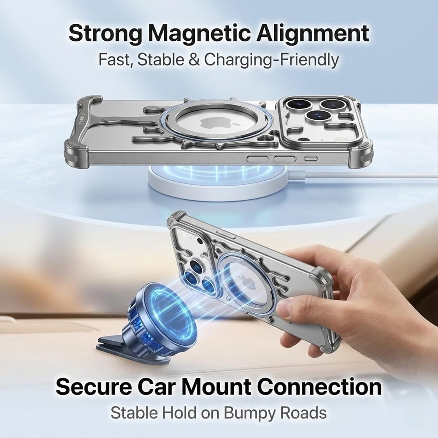 Frameless Metal Frame Case for iPhone 17/17 Air / 17 Pro / 17 Pro Max, 360° Rotating Kickstand, Magnetic Alignment, Slim Open-Edge Design with Heat Dissipation(Gray,17 Air)