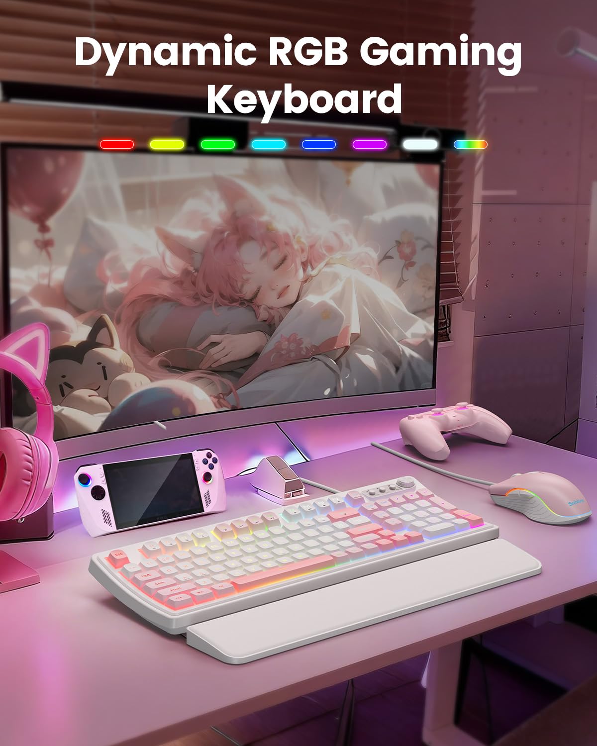 SABLUTE Tastiera e mouse da gioco con cavo, tastiera e mouse meccanici retroilluminati RGB, manopola multimediale e poggiapolsi ergonomico anti-ghosting in pelle premium per gioco (rosa)