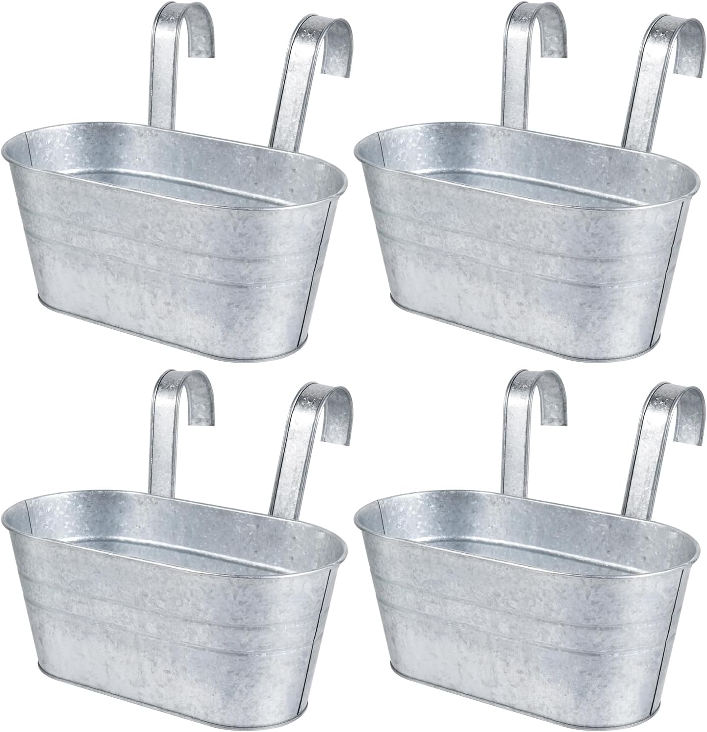OBTANIM 4 Pack Metal Hanging Flower Pots Iron Railing Planter Outdoor Fence Hanging Pots Bucket Plant Holder with Detachable Hooks Drain Holes for Home Garden Yard Decor (Silvery)