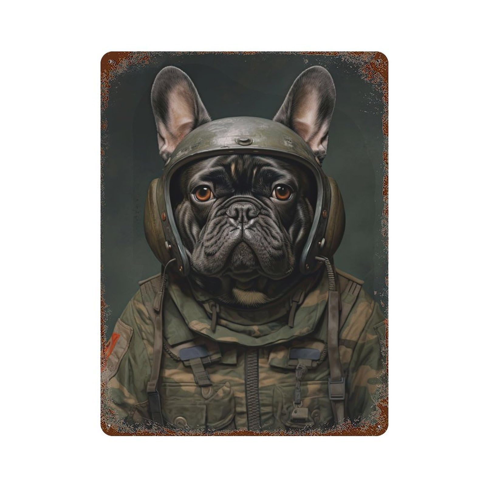 Vintage Rust Metal Sign with French Bulldog Soldier Design 15.7"x11.8", for Shed, Workshop And Garage Wall Decor, Classic Wall Plaque