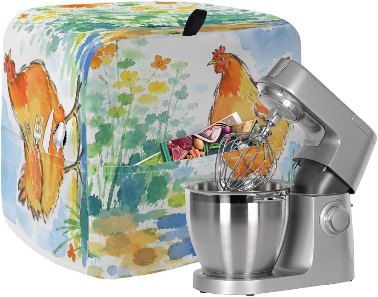 Stand Mixer Cover with Storage Pocket, Watercolor Rooster Waterproof Kitchen Mixer Covers, Farmhouse Colorful Flowers Herbs Kitchen Appliance Dust Cover Compatible with 4/4.5 Quart Mixers