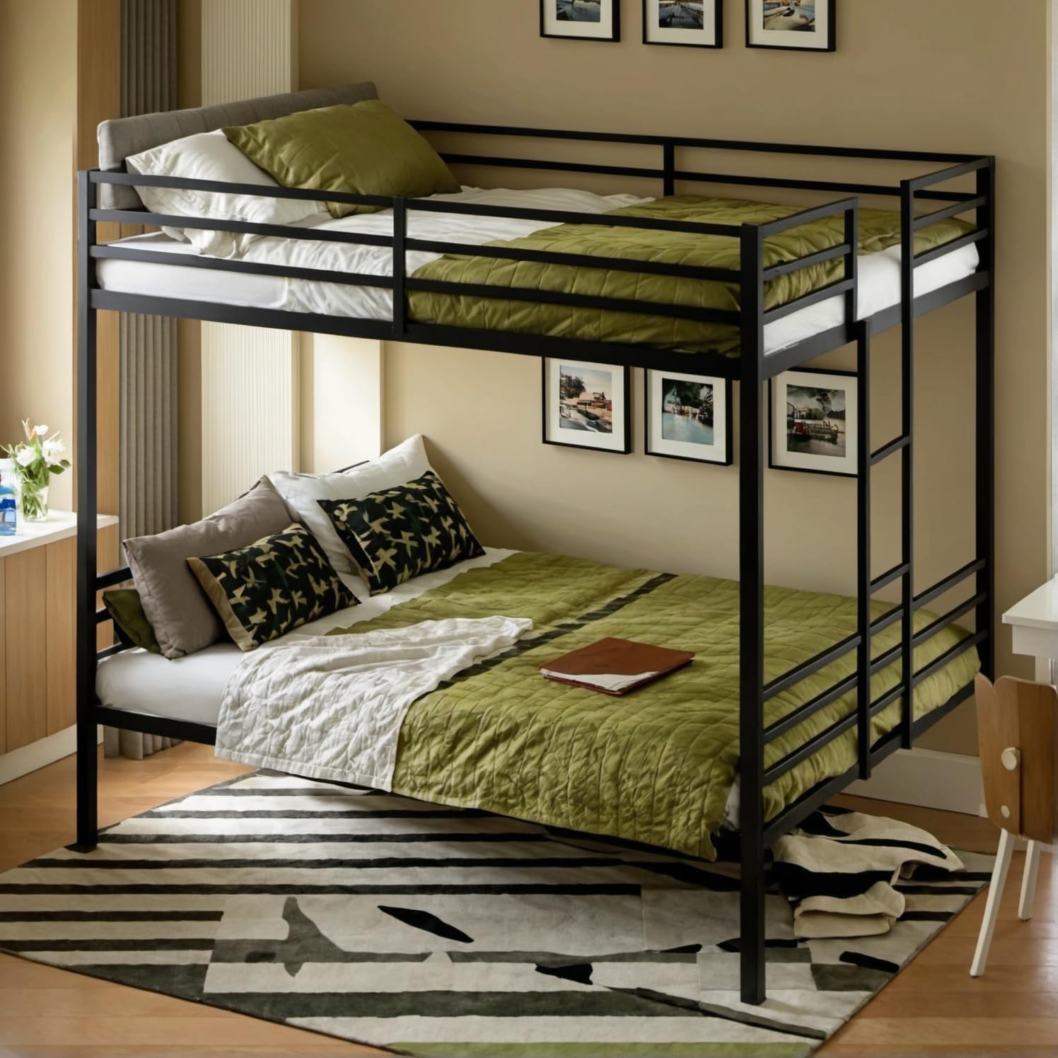 Queen Over Queen Metal Bunk Bed for Adults, Heavy Duty Bunk Bed Frame with Guardrail and Ladder,Easy to Assemble,No Box Spring Needed, Black