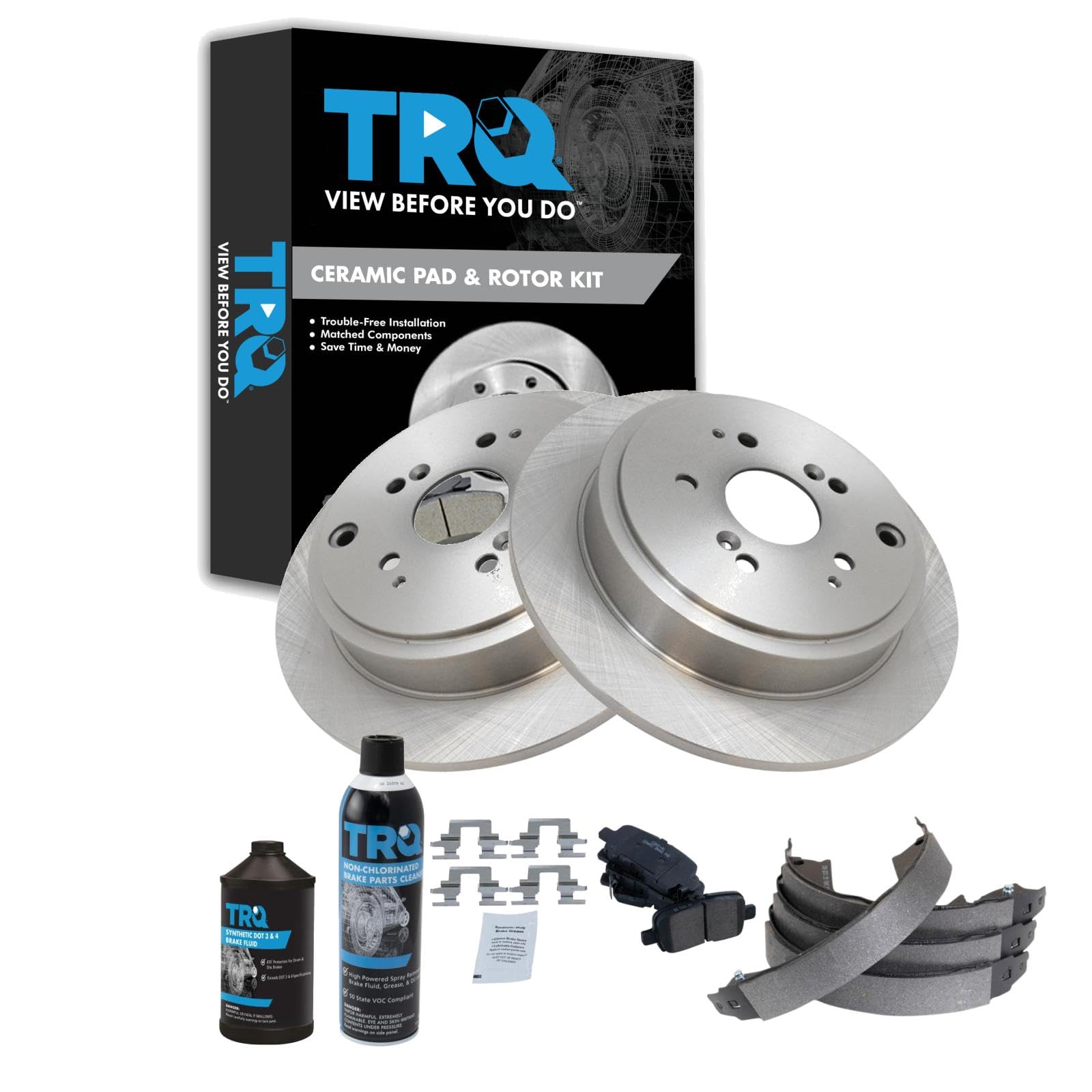 TRQ Rear Brake Pad &amp; Rotor Kit, with Chemical Kit Parking Brake Shoe Set Ceramic Compatible with 2003-2008 Honda Pilot
