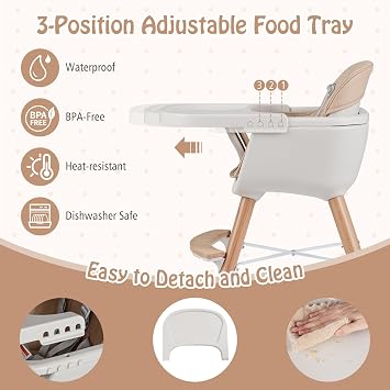 KOTEK Baby High Chair, 3 in 1 Convertible Wooden Highchair for Babies and Toddlers with Adjustable Legs, Dishwasher Safe Tray, 5-Point Harness, PU Cushion and Wood Footrest (Light Brown)