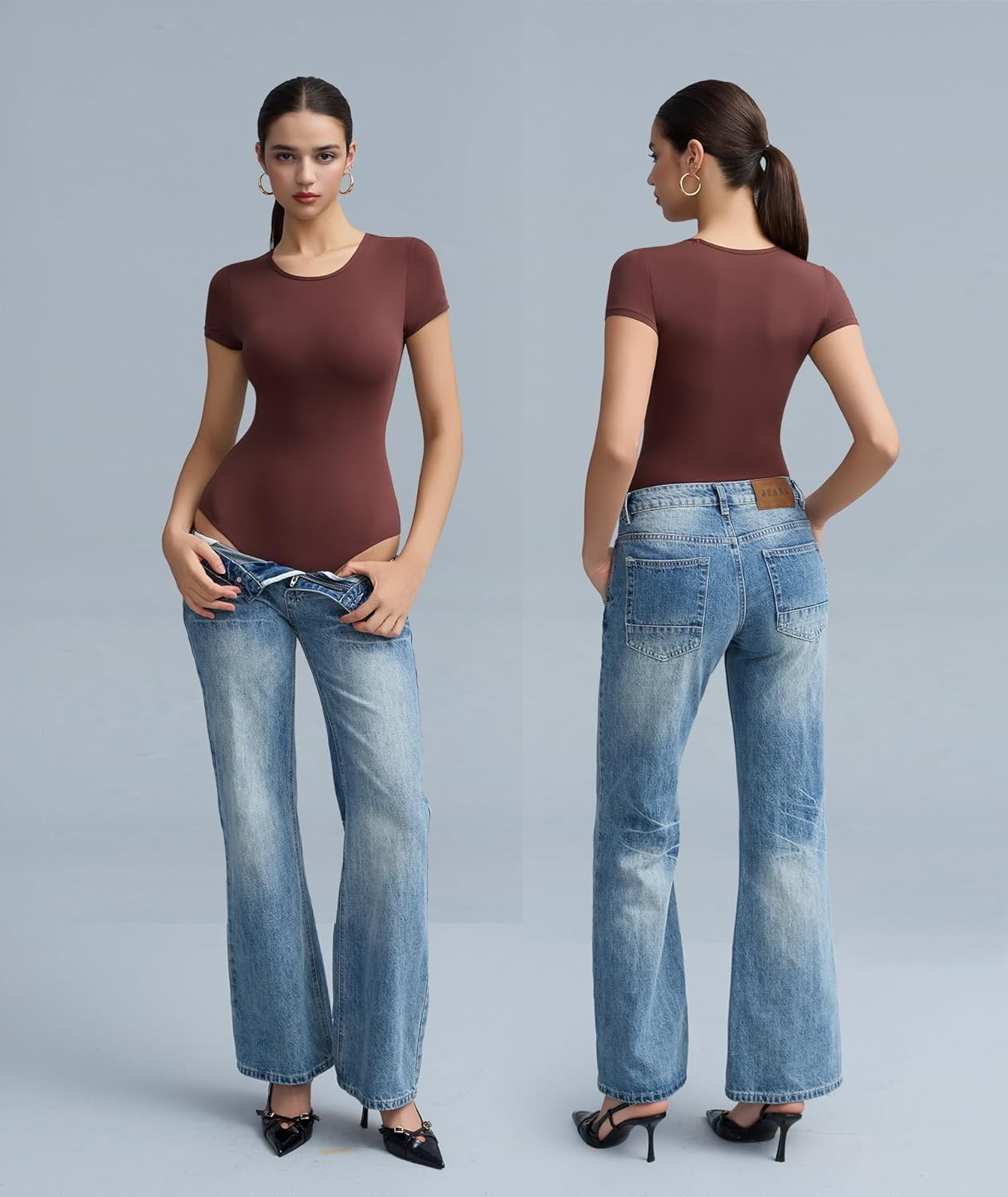 Women's Double-Lined Round Neck Short Sleeve Bodysuit Seamless T-Shirt Body Suits Basic Tops for Women - Image 5