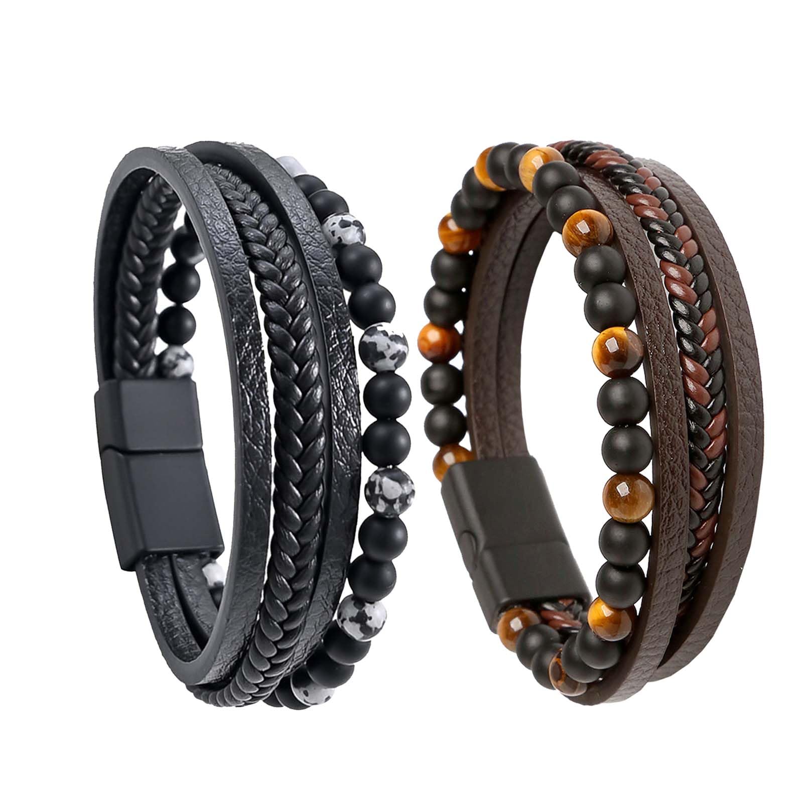 TREABEAR 2PCS Pulsera de Cuero Hombre Negro y Marrón con Ojo de Tigre, Personalizada de Piedra Natural 21cm
