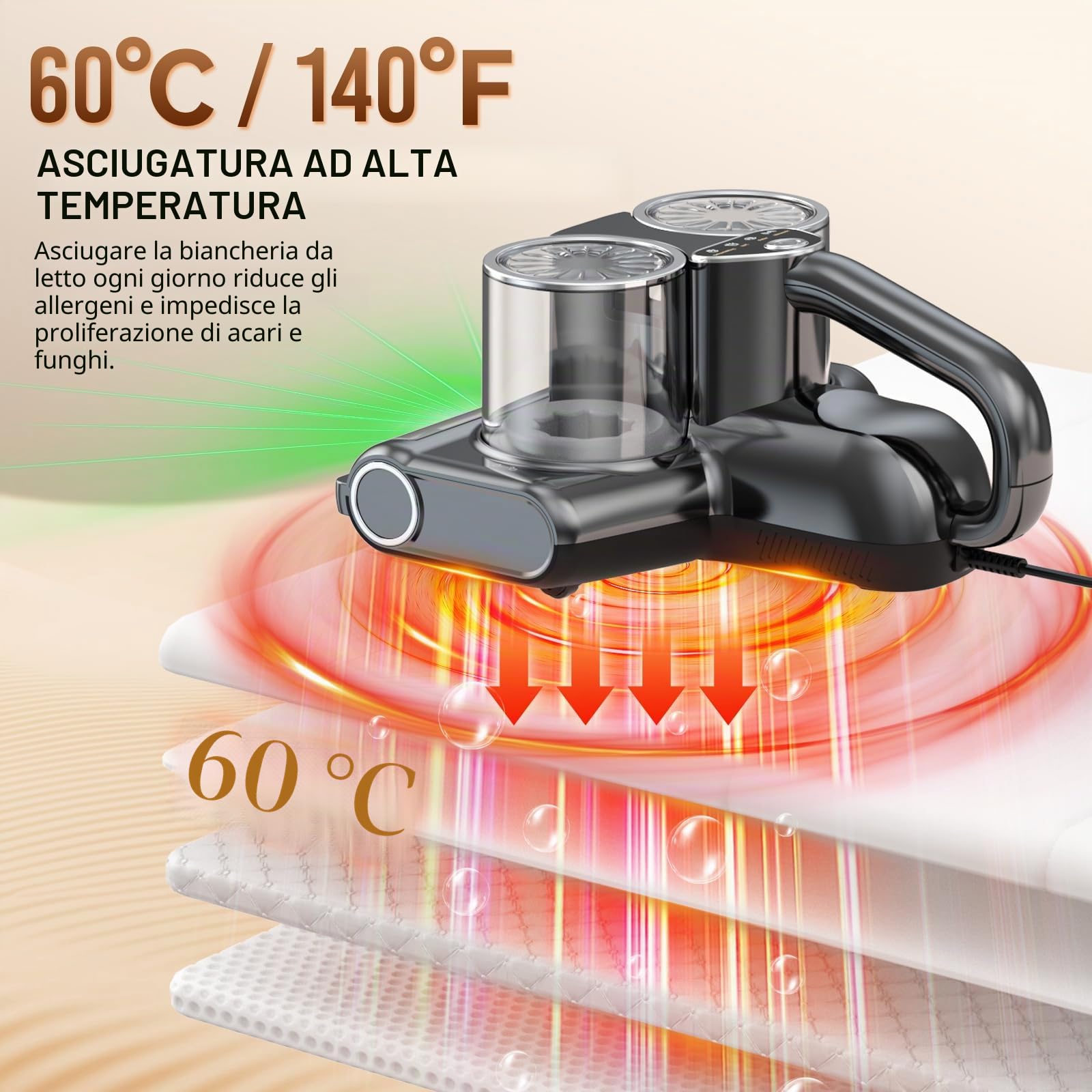 Aspiratore per materassi con luce UV-C, 16Kpa Battimaterasso Aspirapolvere per Materassi luce sensore acaro della polvere, indicatore LED, ultrasuoni, Battitappeto per Divano, Tessuti e Letti