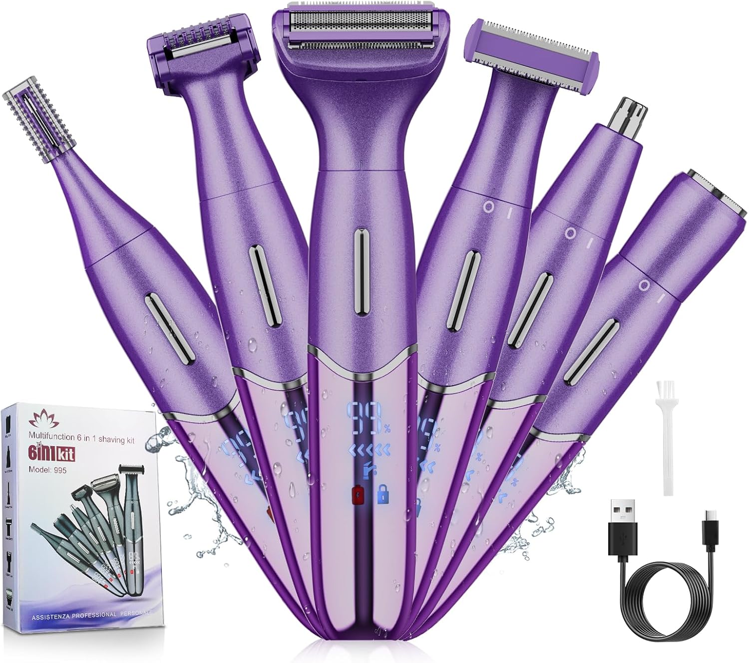 Electric Razor for Women,6 in 1 Women's Bikini Trimmer Shaver for Women & Men Pubic Hair, Private Area, Legs, Eyebrow,Face, Nose, Eyebrow, Body Hair Removal IPX5 Waterproof Wet & Dry