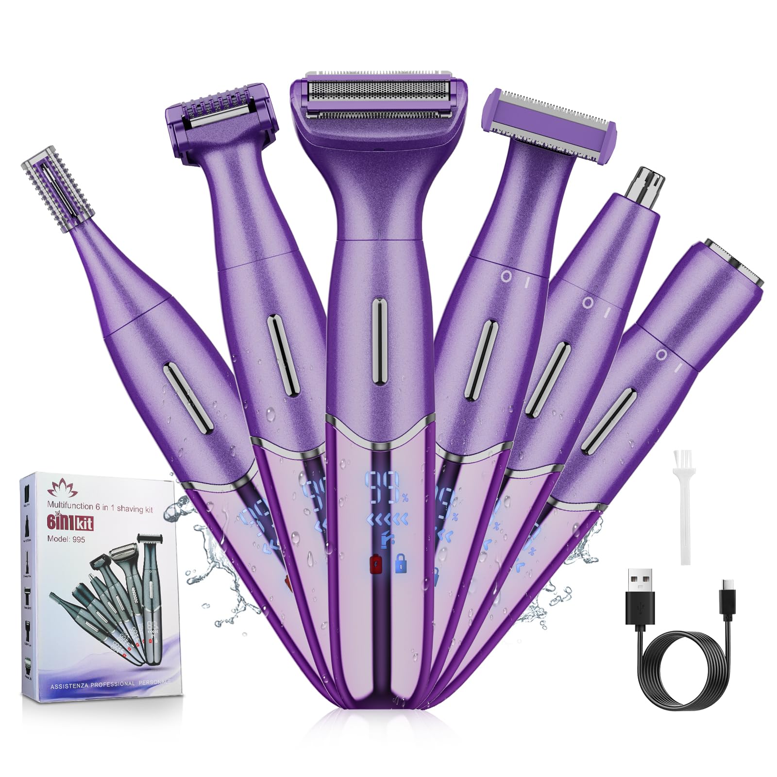 Maquinilla de afeitar eléctrica para mujer, 6 en 1, recortadora de bikini para mujeres y hombres, vello púbico, área privada, piernas, cejas, cara, nariz, cejas, depilación corporal, IPX5, impermeable