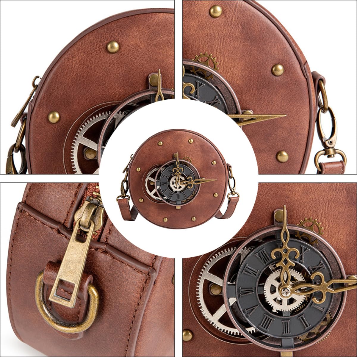 Veemoon Bolso de Hombro Mujer Estilo Steampunk Vintage Redondo, Piel Pu Negra, Bolsa de Almacenamiento Práctica para Uso Diario y Outfits Punk, Diseño Compacto y Moderno