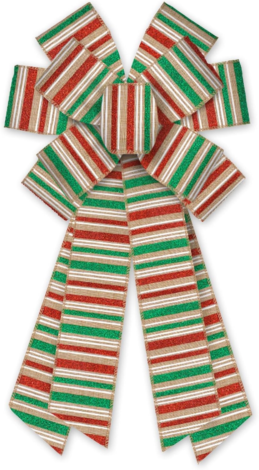 ALIBBON Large Christmas Bows for Wreaths, Christmas Wreath Bows, Glitter Red White Green Stripe Bows for Front Door, Christmas Decor, Christmas Tree Topper Bows for Indoor Outdoor Holiday Decorations