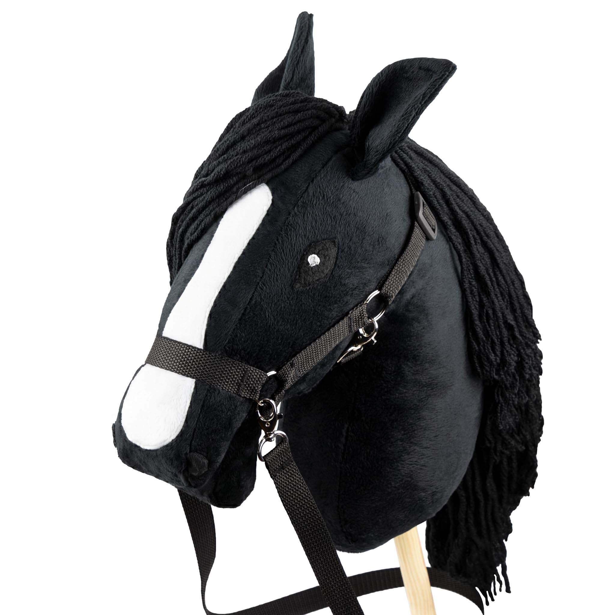 SKIPPI Hobby Horse Schwarz, A3 Steckenpferd mit Halfter und Zügeln im Set | Schwarzes Stockpferd mit Blesse und anklettbaren weißen Mähnensträhnen, Personalisierte Mähne, Hobby Horsing Pferd