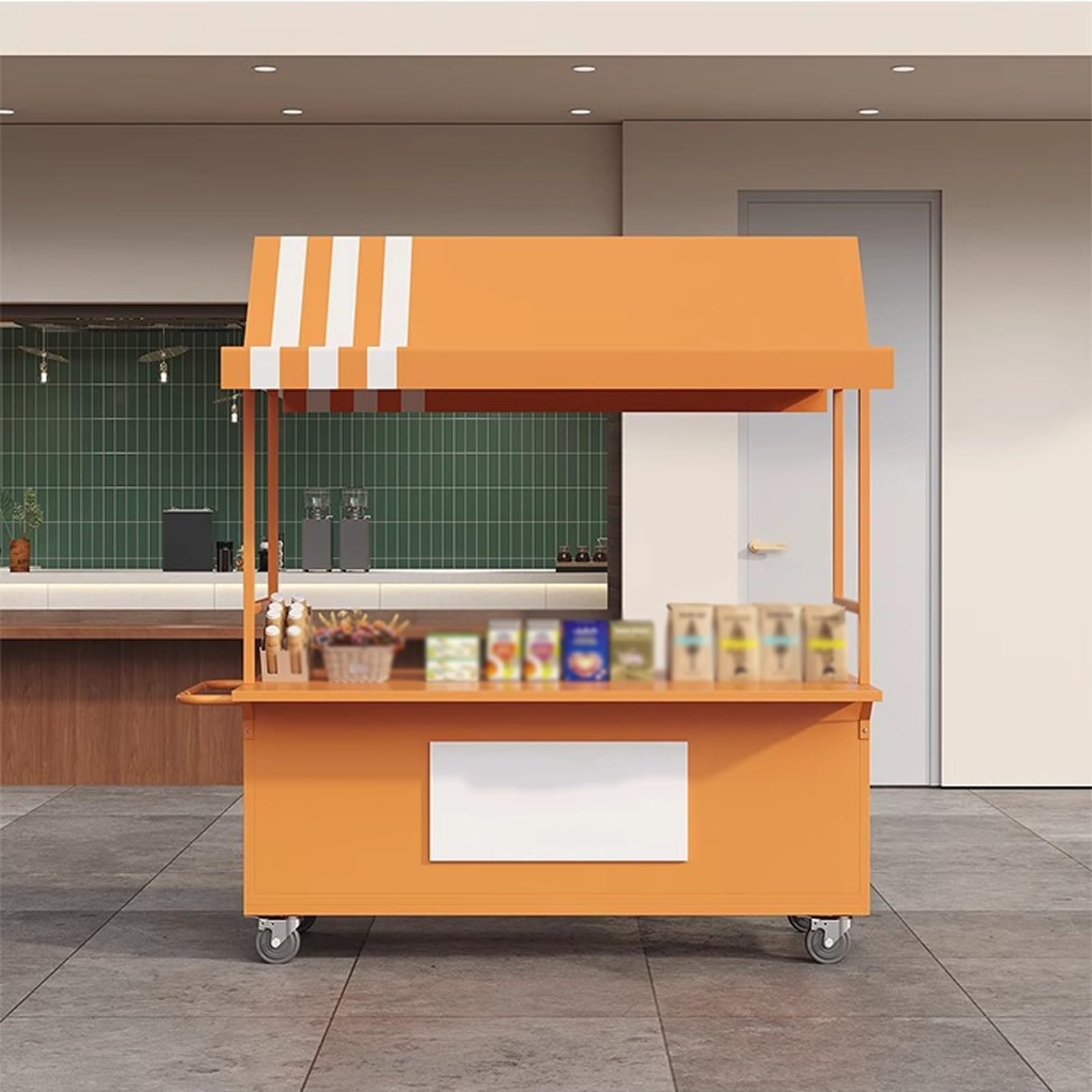 Mobile Cart with Wheels Selling Food, Vending Iron Cart with Canopy, Customizable Logo, for Street Food, Handicrafts, Snacks(Orange)