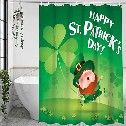 Miniatura 8 de Roszwtit Cortina de ducha para el día de San Patricio diseño de tréboles de gato para baño decoración del hogar tela impermeable con ganchos 72 x 72
