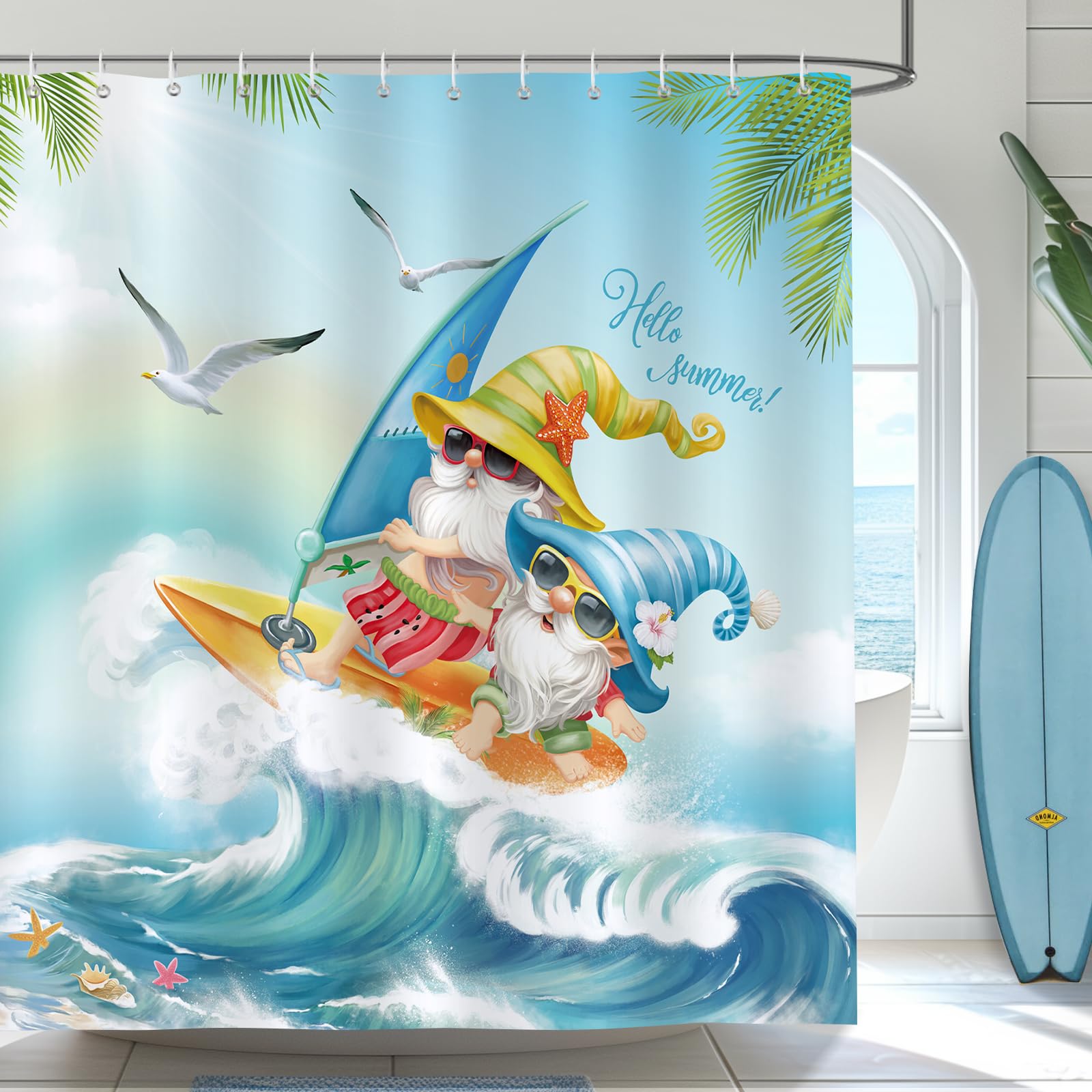 Bonhause Cortina de Ducha Verano Surf Gnomes Océano Azul Ola Cortina de Baño de Poliéster Impermeable Antimoho Lavable Cortina Ducha 180 x 180 cm con 12 Ganchos