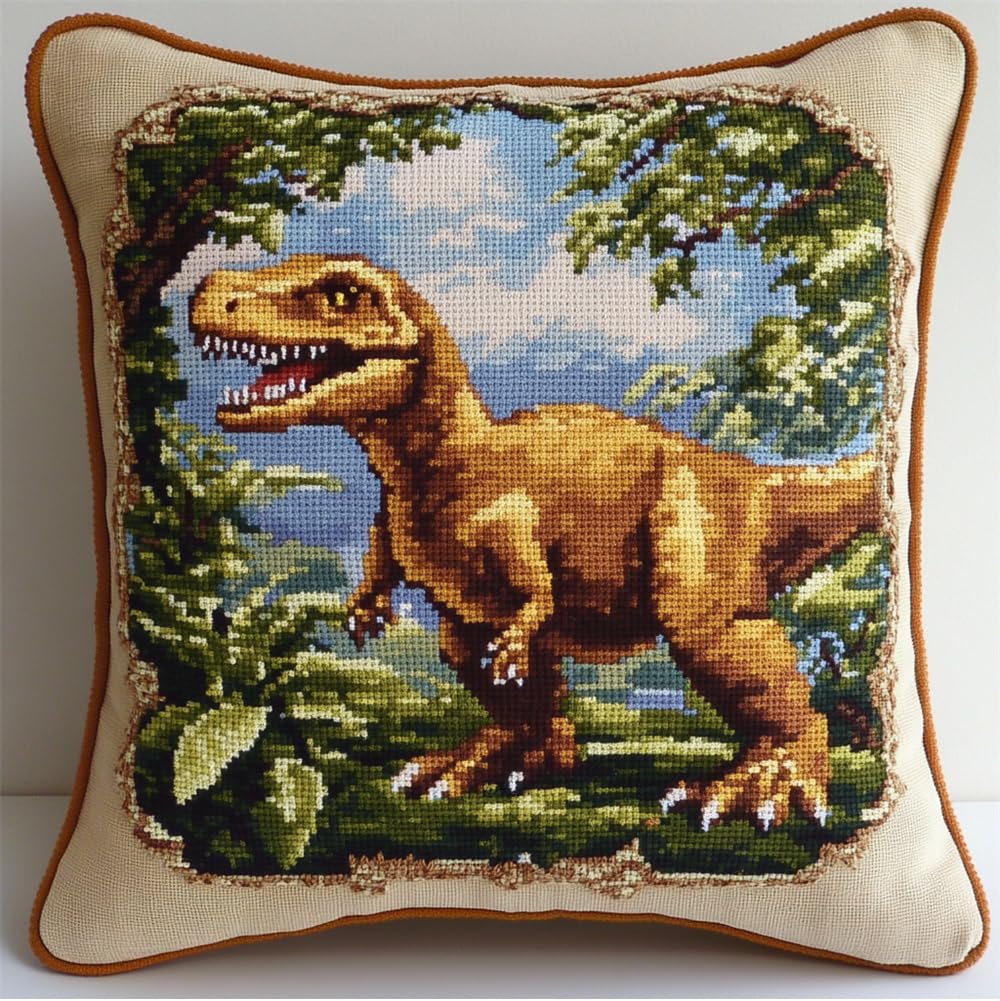 Hdfvlfdsa Printed Cushion Covers Cross Stitch Kits, Dinosaur 17.7X17.7In(45X45Cm) DIY Needlework Kit Embroidery Pillow Canvas Cushion Cross Stitch Pillowcase