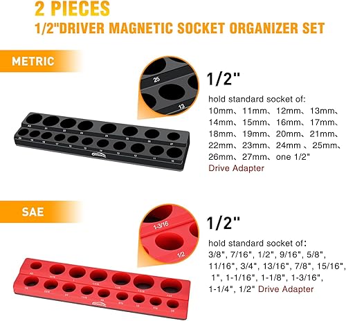 Miniatura 2 de GOOACC Juego de organizador magnético de enchufes de 12 pulgada, 2 organizadores de soportes de enchufes métrico y SAE, bandeja organizadora de