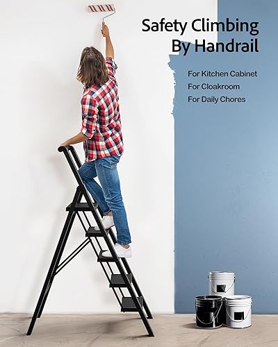 Miniatura 3 de Escalera de 5 escalones, taburete plegable ligero con cómodo agarre, escalera de aluminio de capacidad de 330 libras para oficina, hogar, cocina