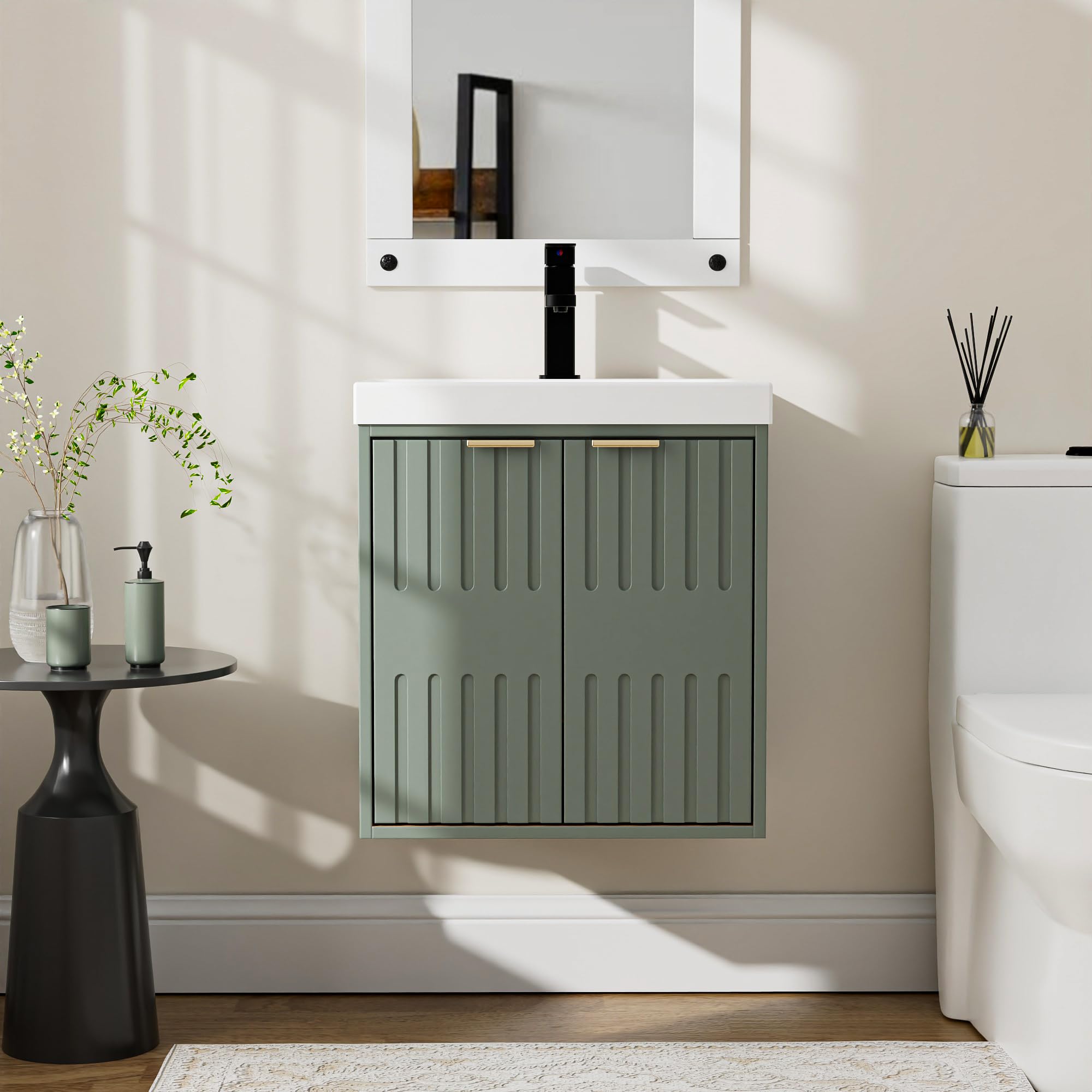 UEV Meuble de Salle de Bain Suspendu avec Vasque - Armoire sous-Lavabo 2 Portes Finition Bois - Gain de Place & Entretien Facile, Idéal pour Petites Salles de Bain et WC 50 x 38 x 55 cm, Vert